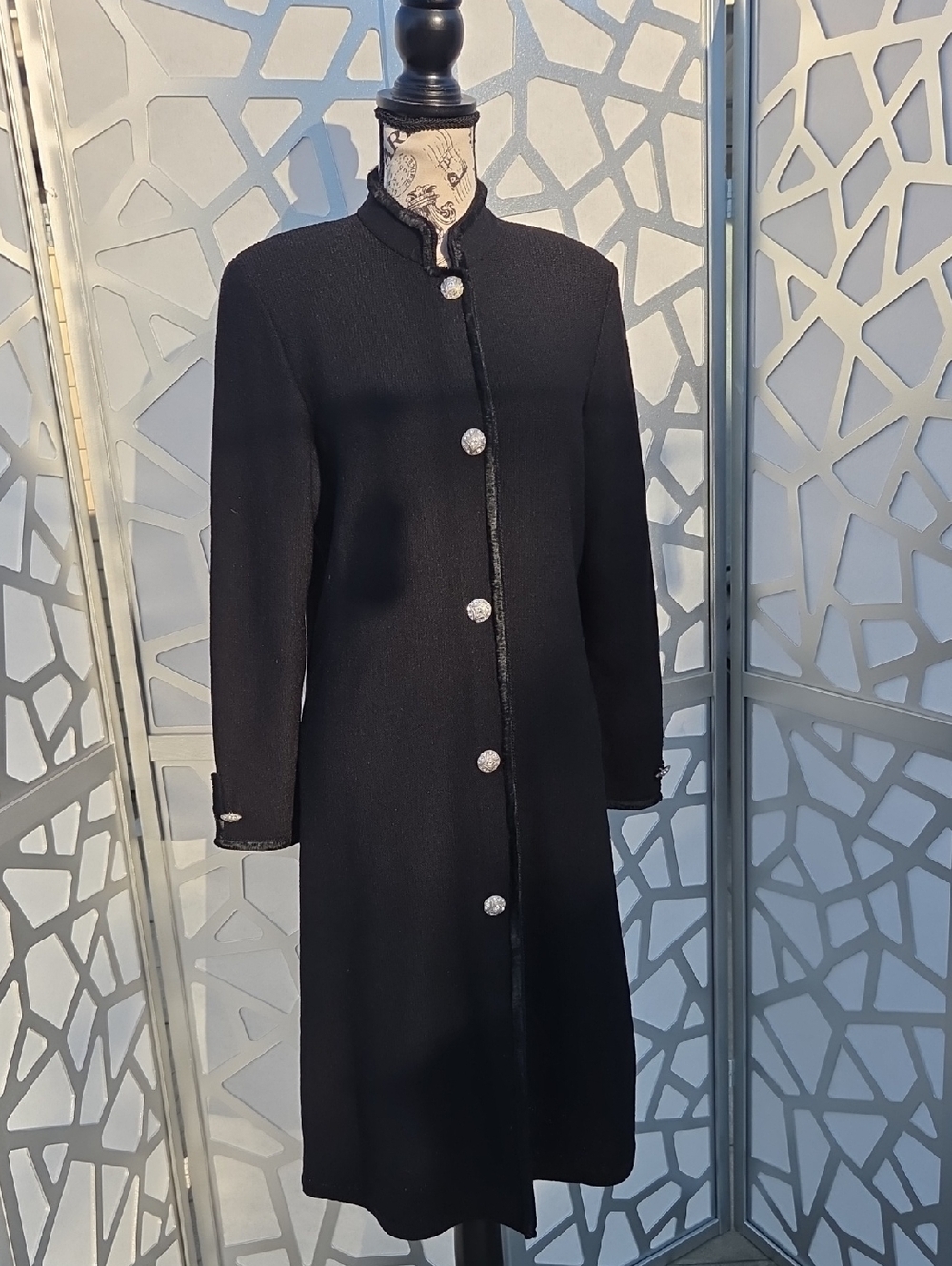 Women's Black Long Coat with Decorative Buttons